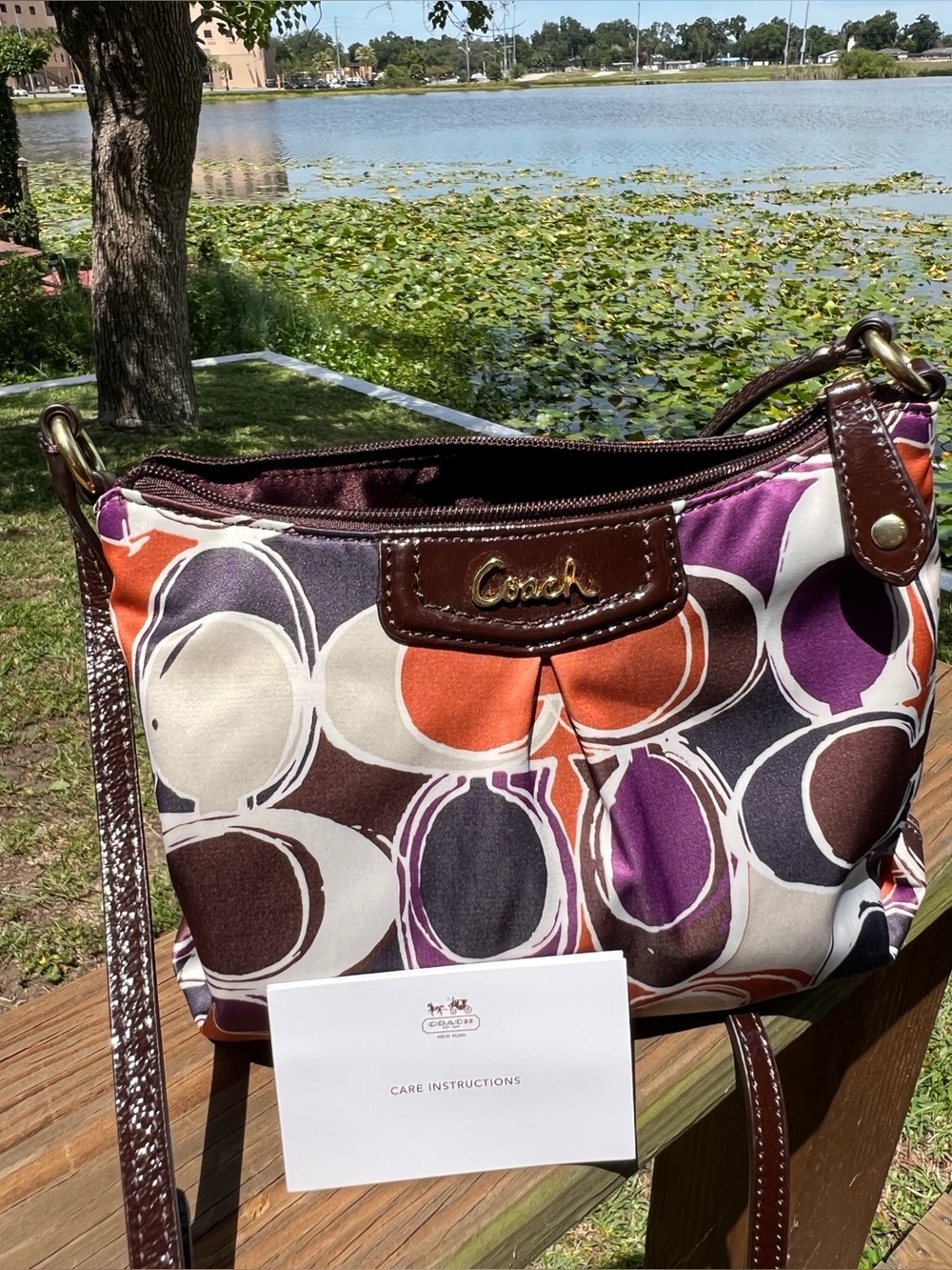 Coach Swingpack Ashley Scarf Signature Brown Leather Crossbody Shoulder Bag NEW - Picture 2 of 12